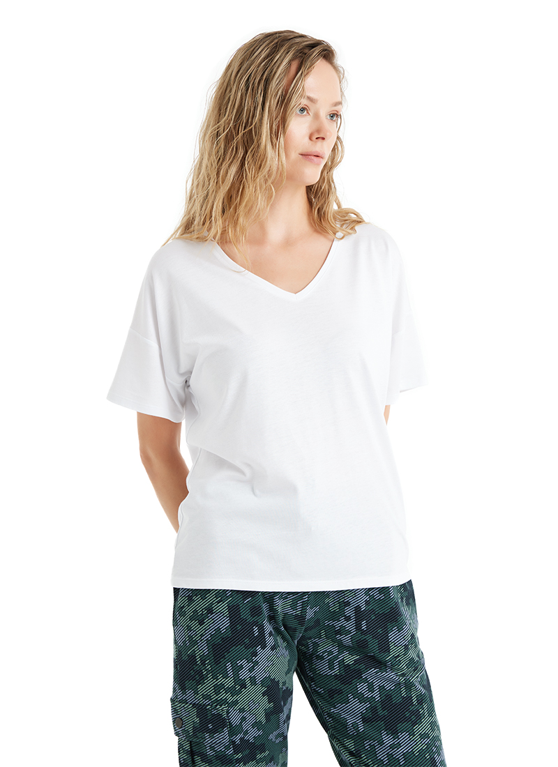 Kadın V Yaka T-Shirt 60471 - Beyaz - Blackspade